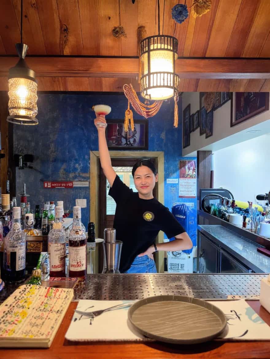 Bartender holding a cocktail aloft behind the wooden bar