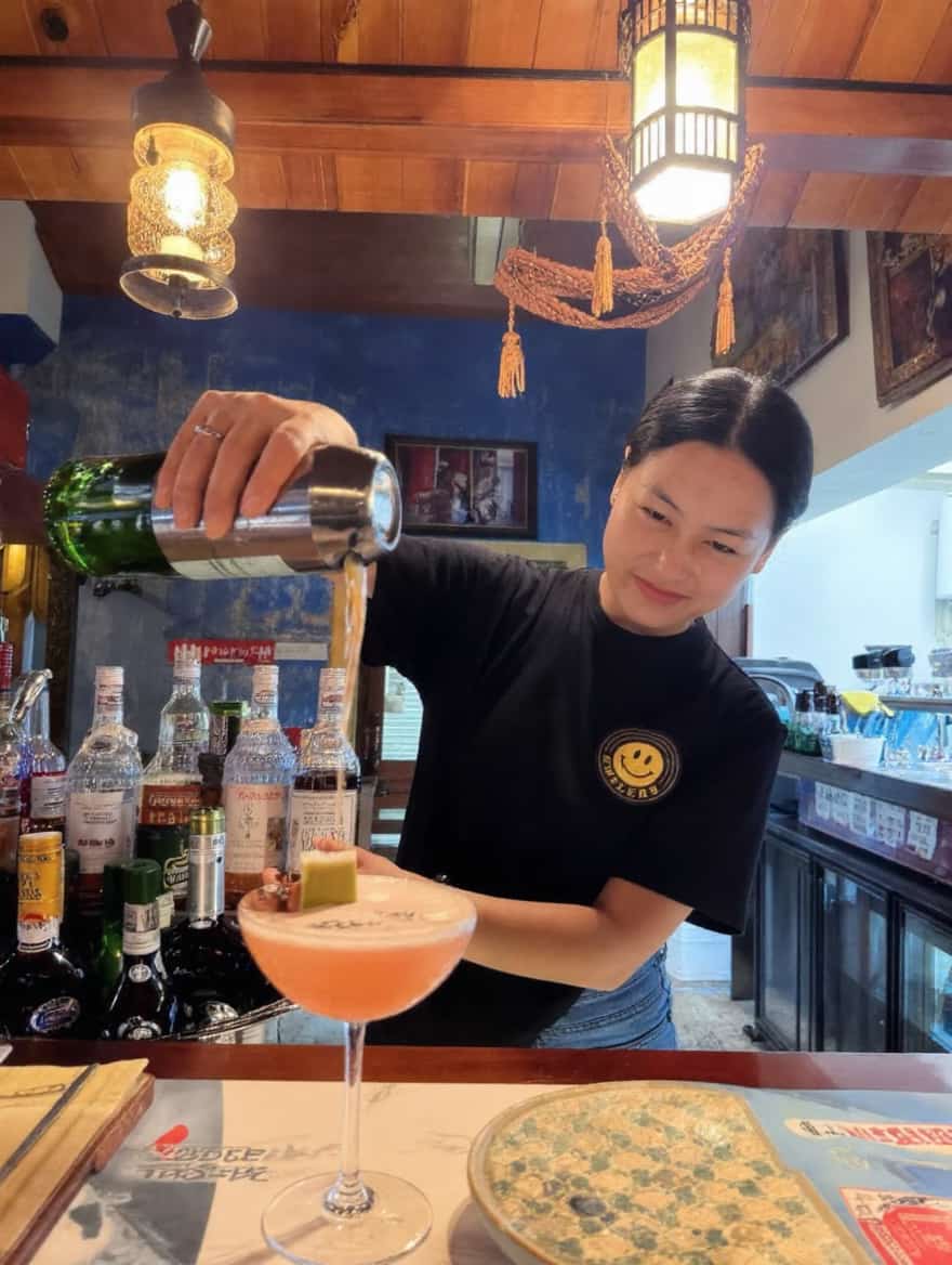 Bartender pouring a pink cocktail into a coupe glass