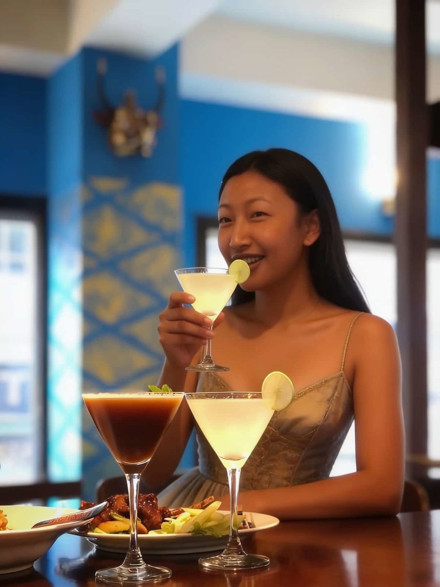 Woman holding a lime-garnished cocktail beside drinks and food